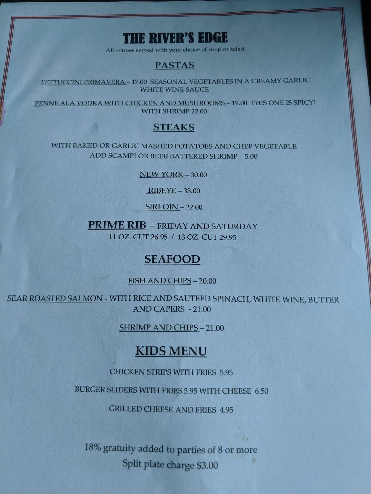 Menu at The River's Edge restaurant, Knights Ferry, Sonora Rd