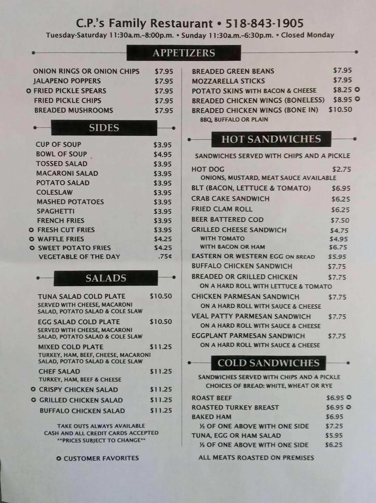 Menu at CP's restaurant, Hagaman