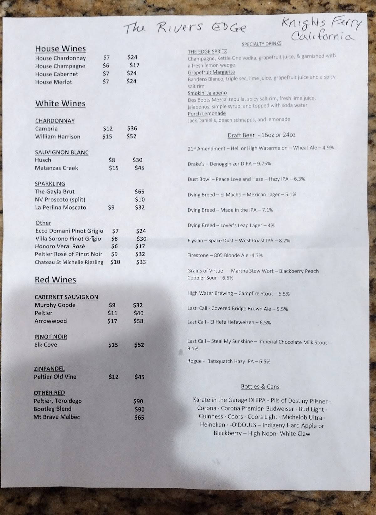 Menu at The River's Edge restaurant, Knights Ferry, Sonora Rd