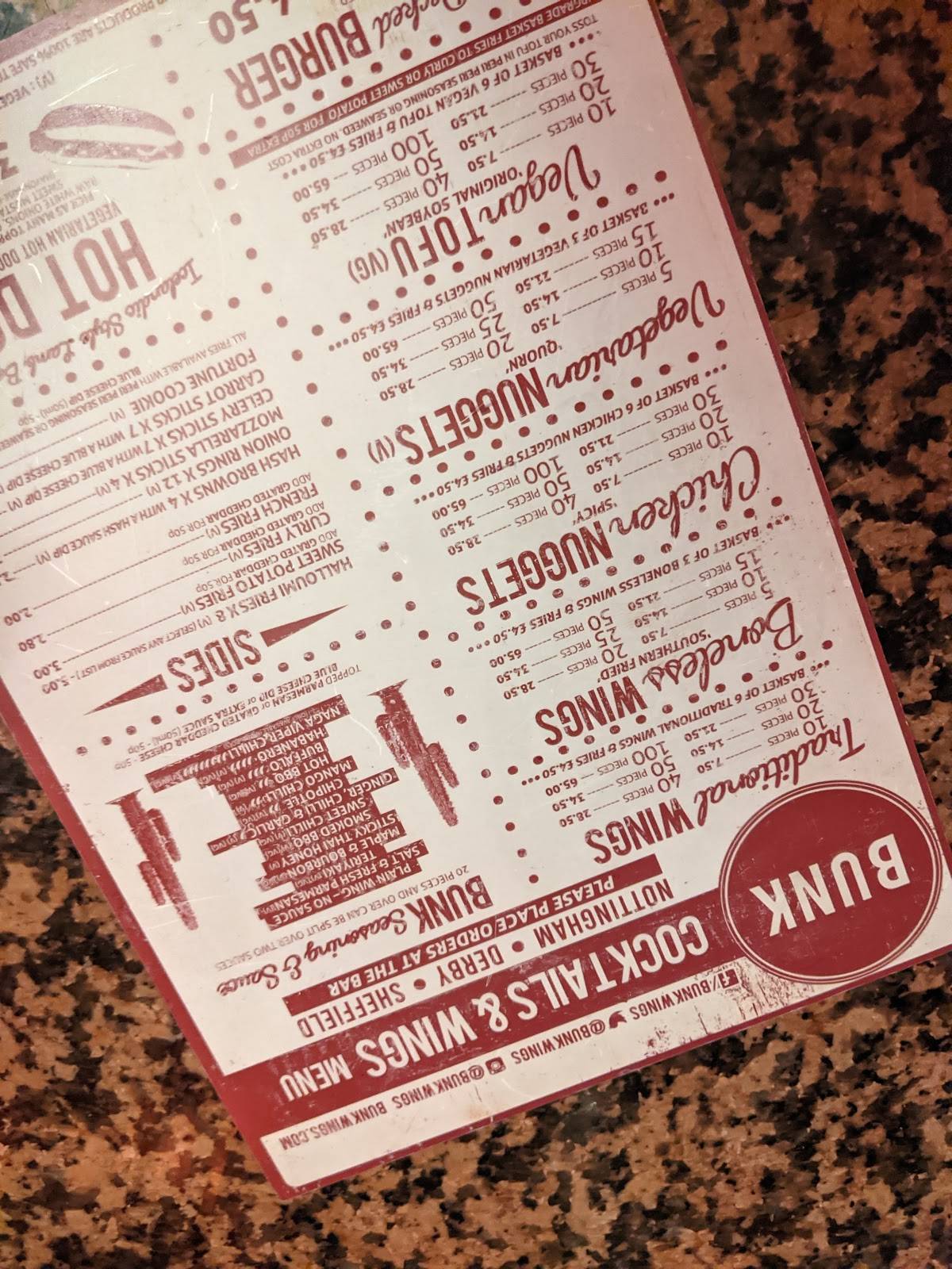 Menu at Bunk pub & bar, Nottingham, 19 Stoney St