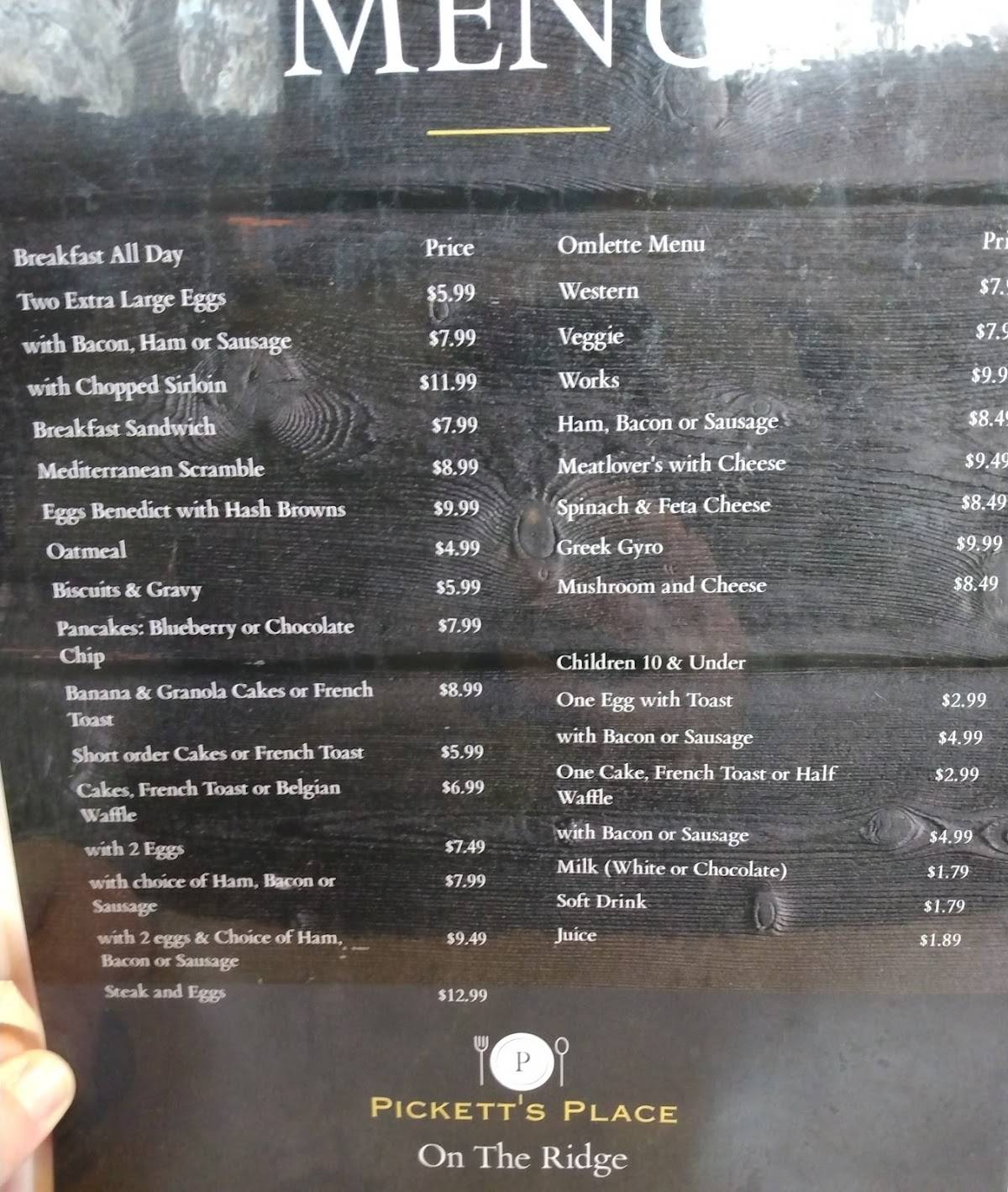 Menu at Pickett's Place on the Ridge restaurant, North Ridgeville