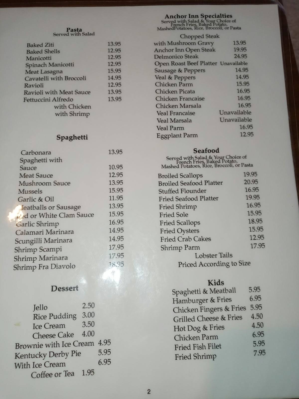 Menu at Anchor Inn pizzeria, Ocean Gate