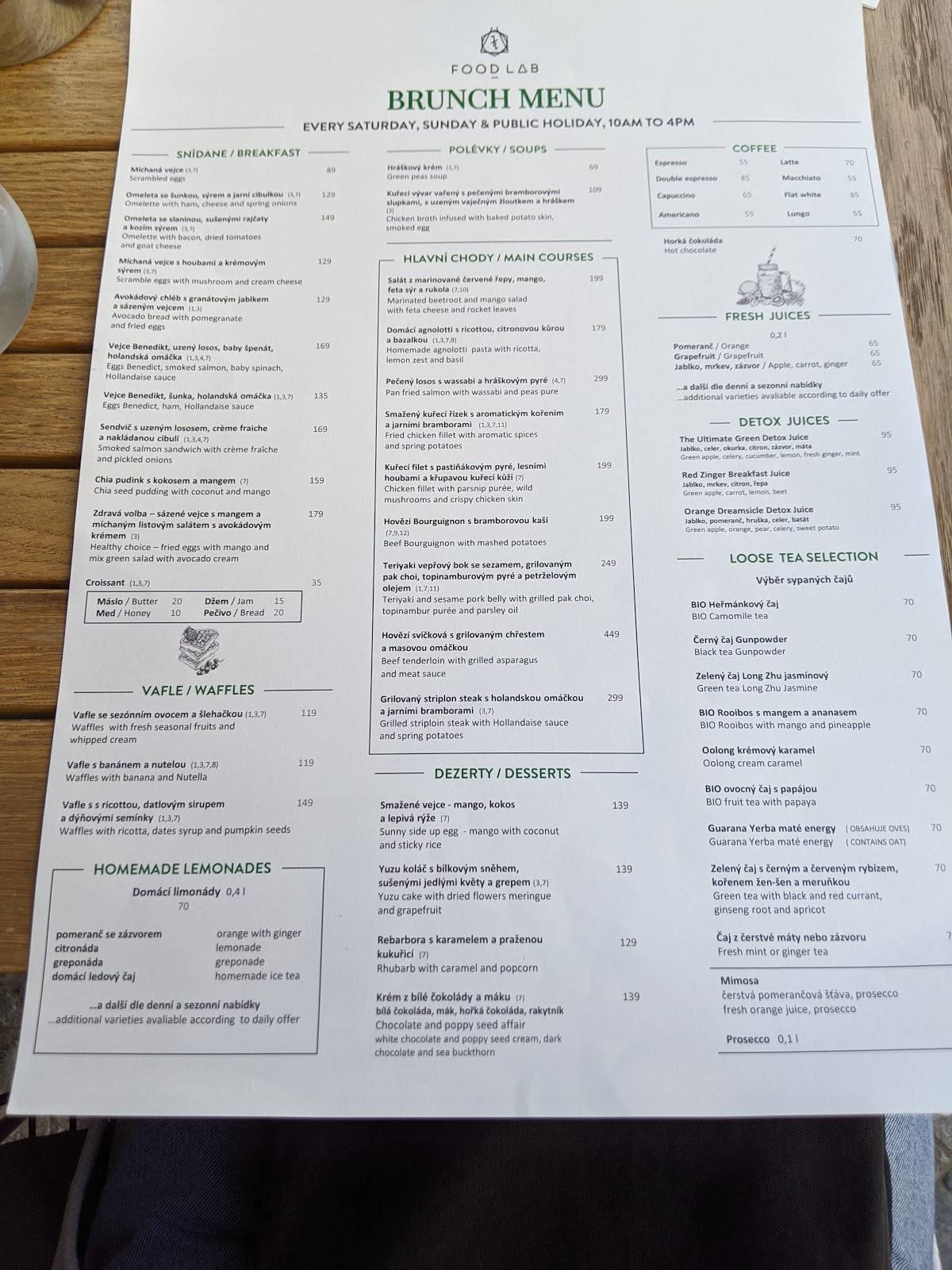 Carta del restaurante Food Lab, Praga