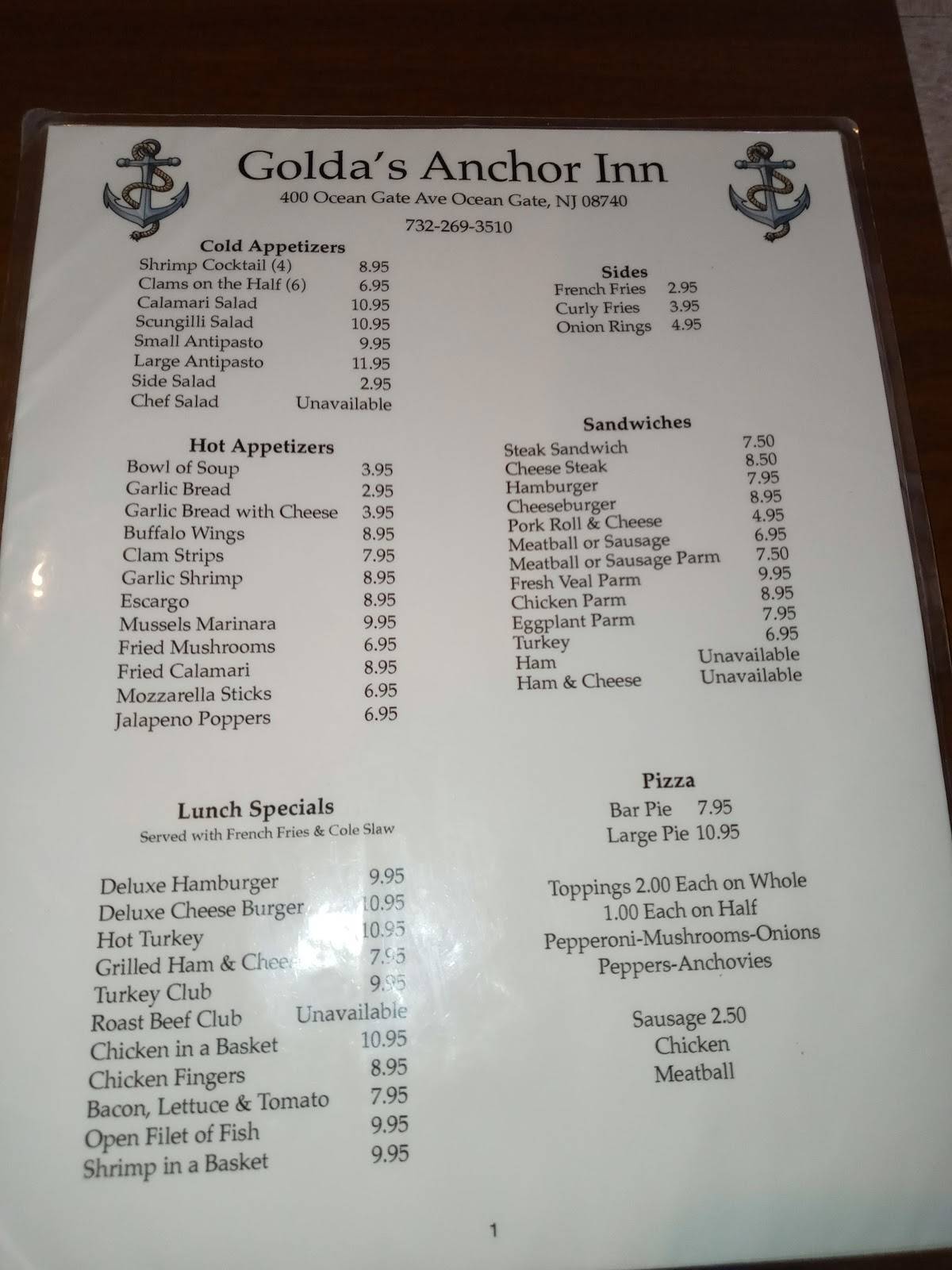 Menu at Anchor Inn pizzeria, Ocean Gate