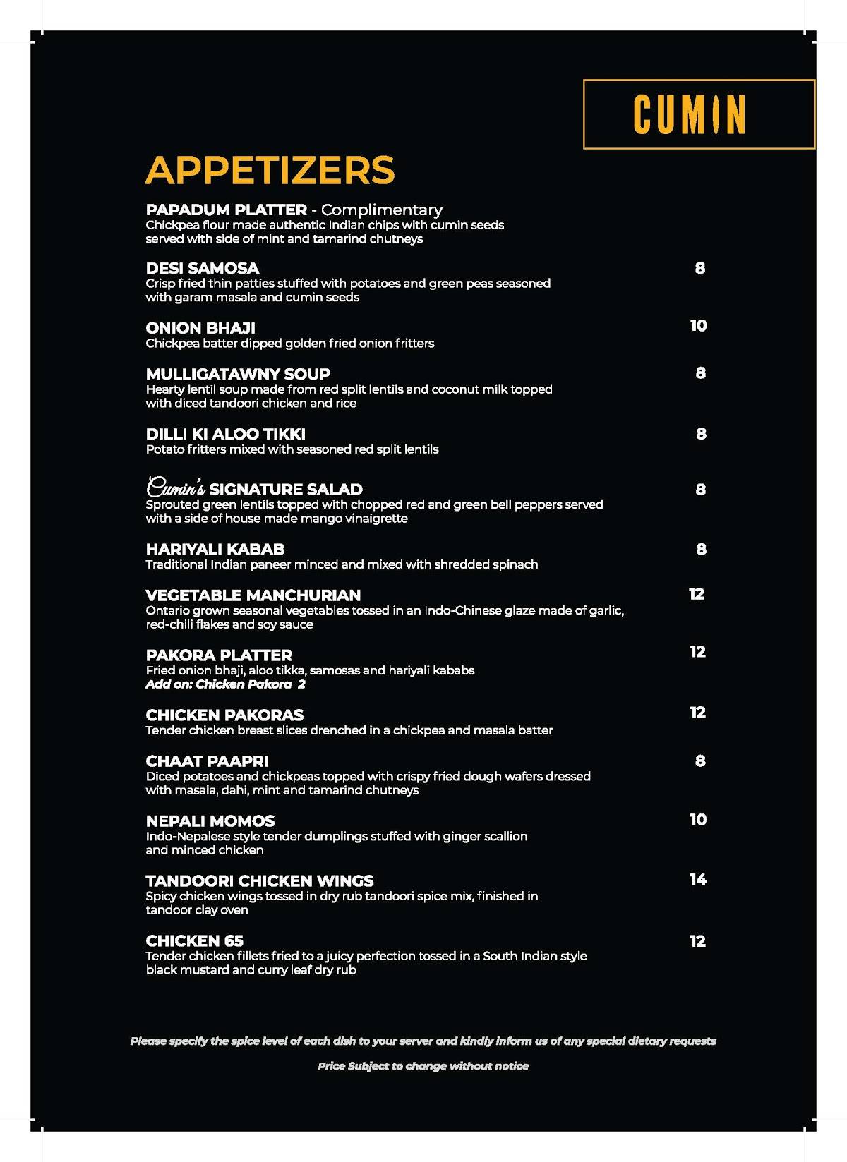 Menu at Cumin Kitchen restaurant, Toronto, Danforth Ave