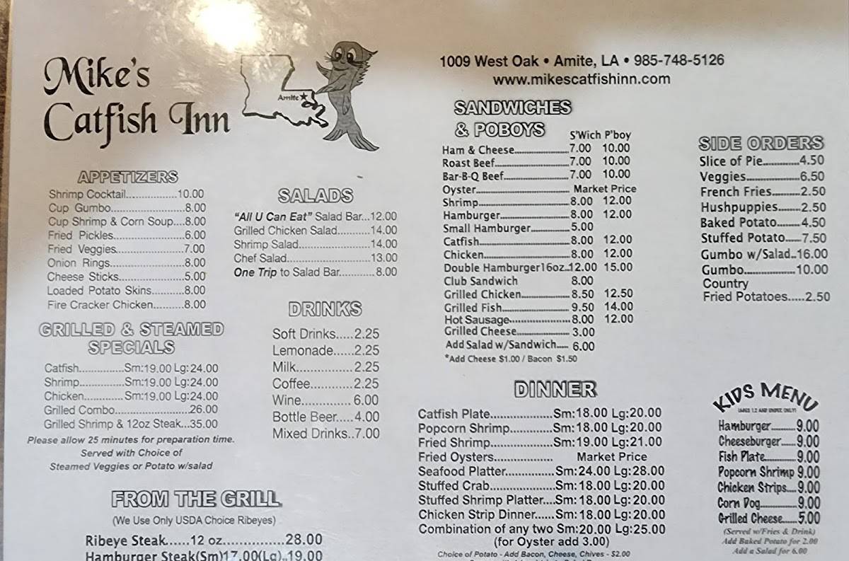 Menu at Mike's Catfish Inn restaurant, Amite City