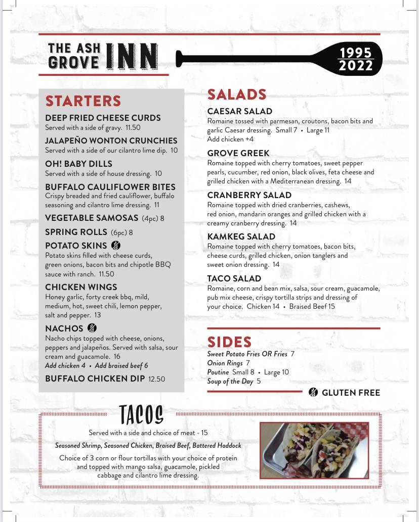 Menu at Ash Grove Inn restaurant, Barry's Bay