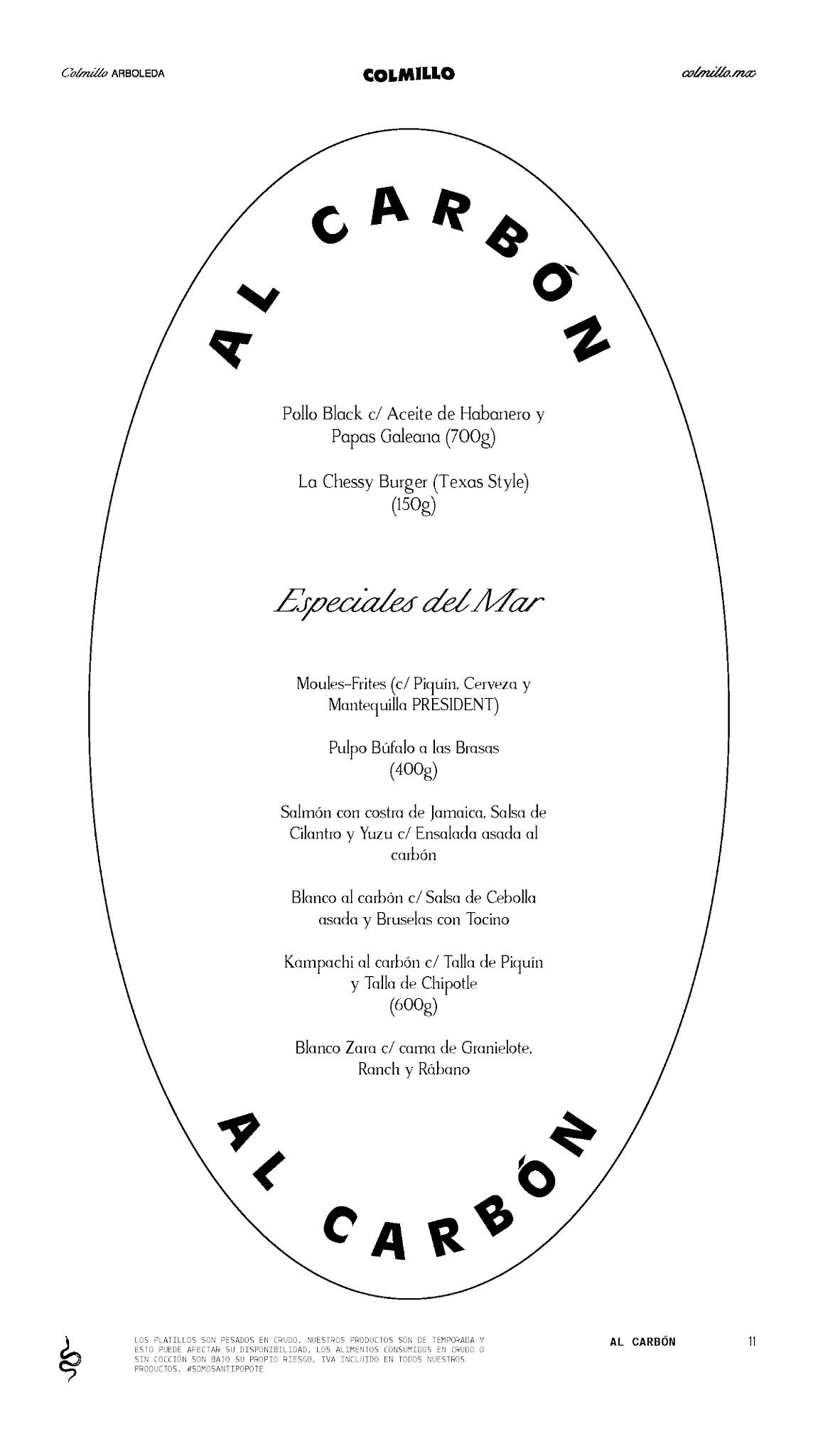 Carta del restaurante Colmillo Arboleda, San Pedro Garza García, Parque