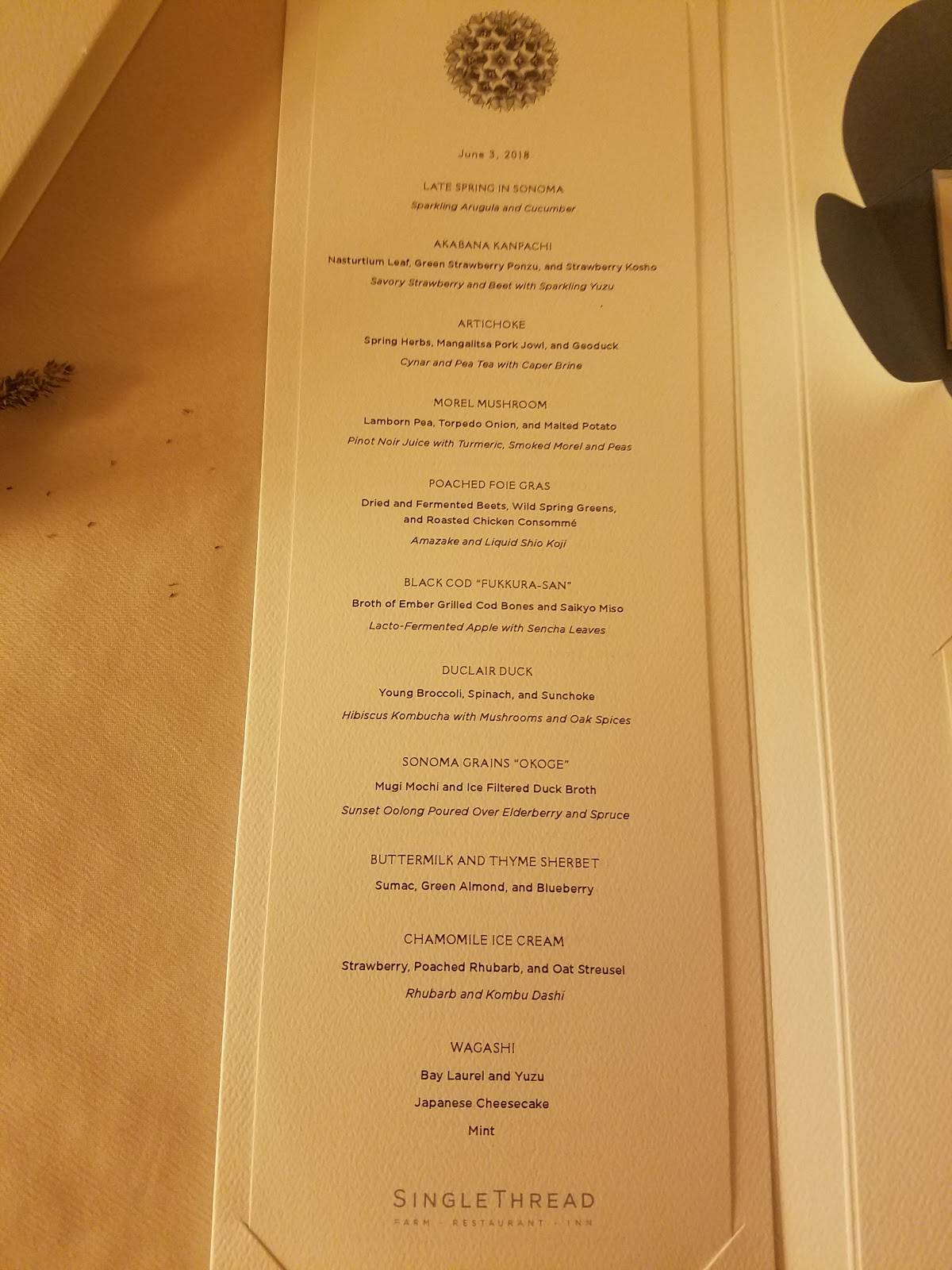 Menu at SingleThread Farm Restaurant Inn, Healdsburg