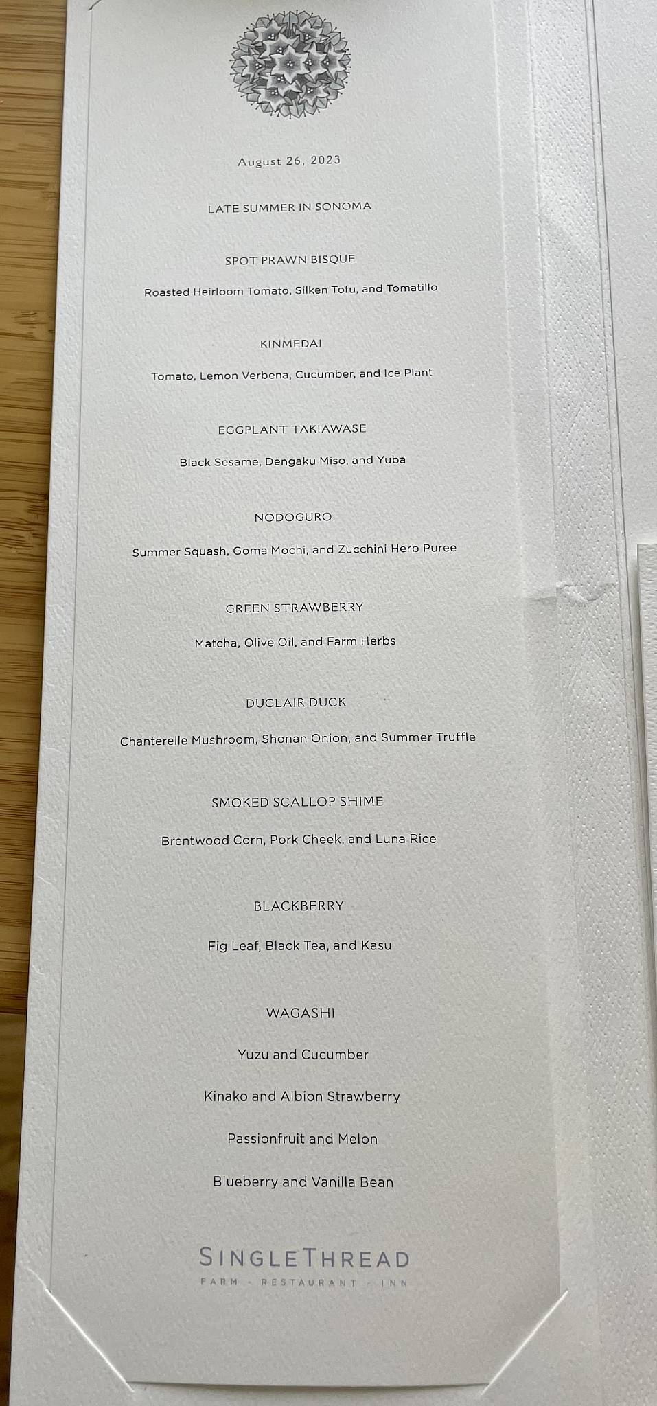 Menu at SingleThread Farm Restaurant Inn, Healdsburg