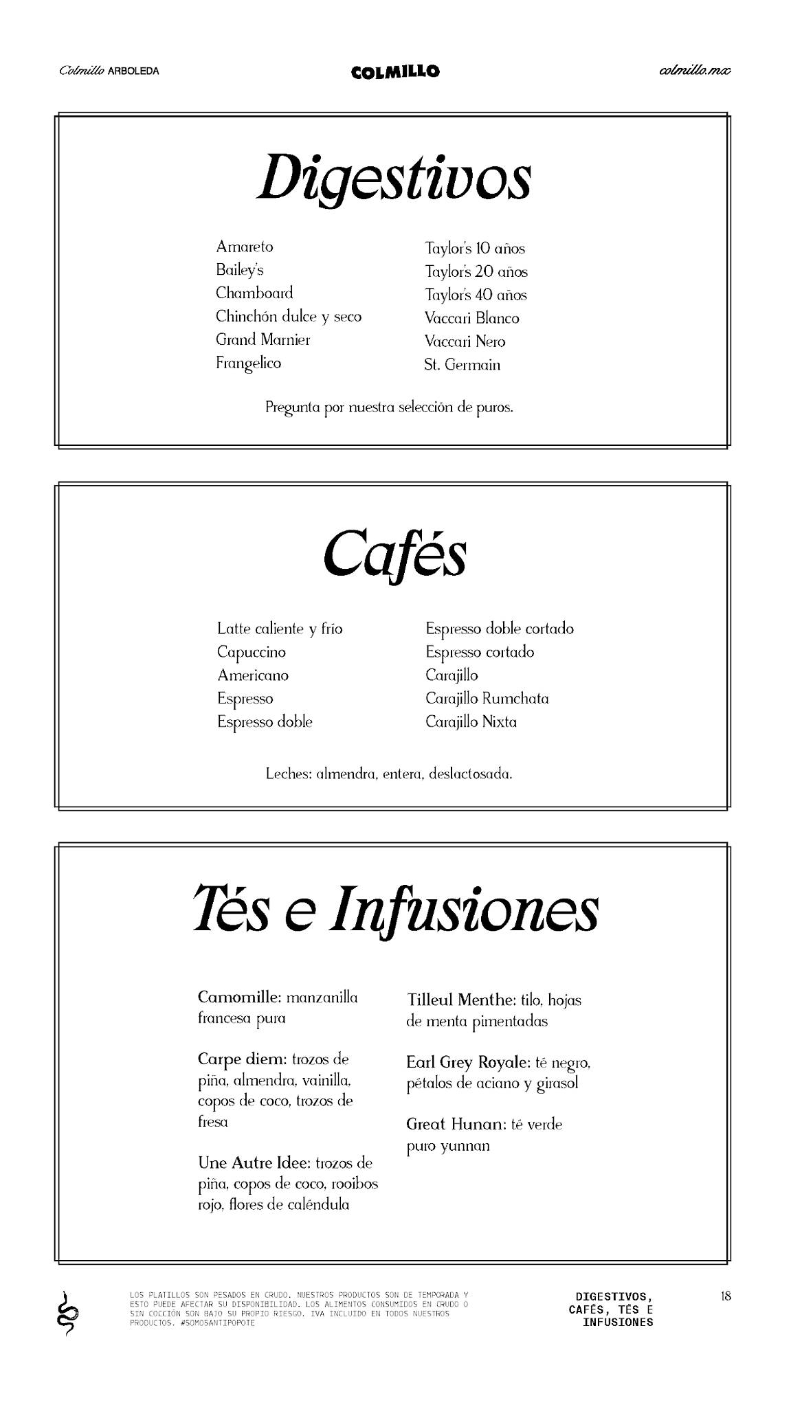 Carta del restaurante Colmillo Arboleda, San Pedro Garza García, Parque