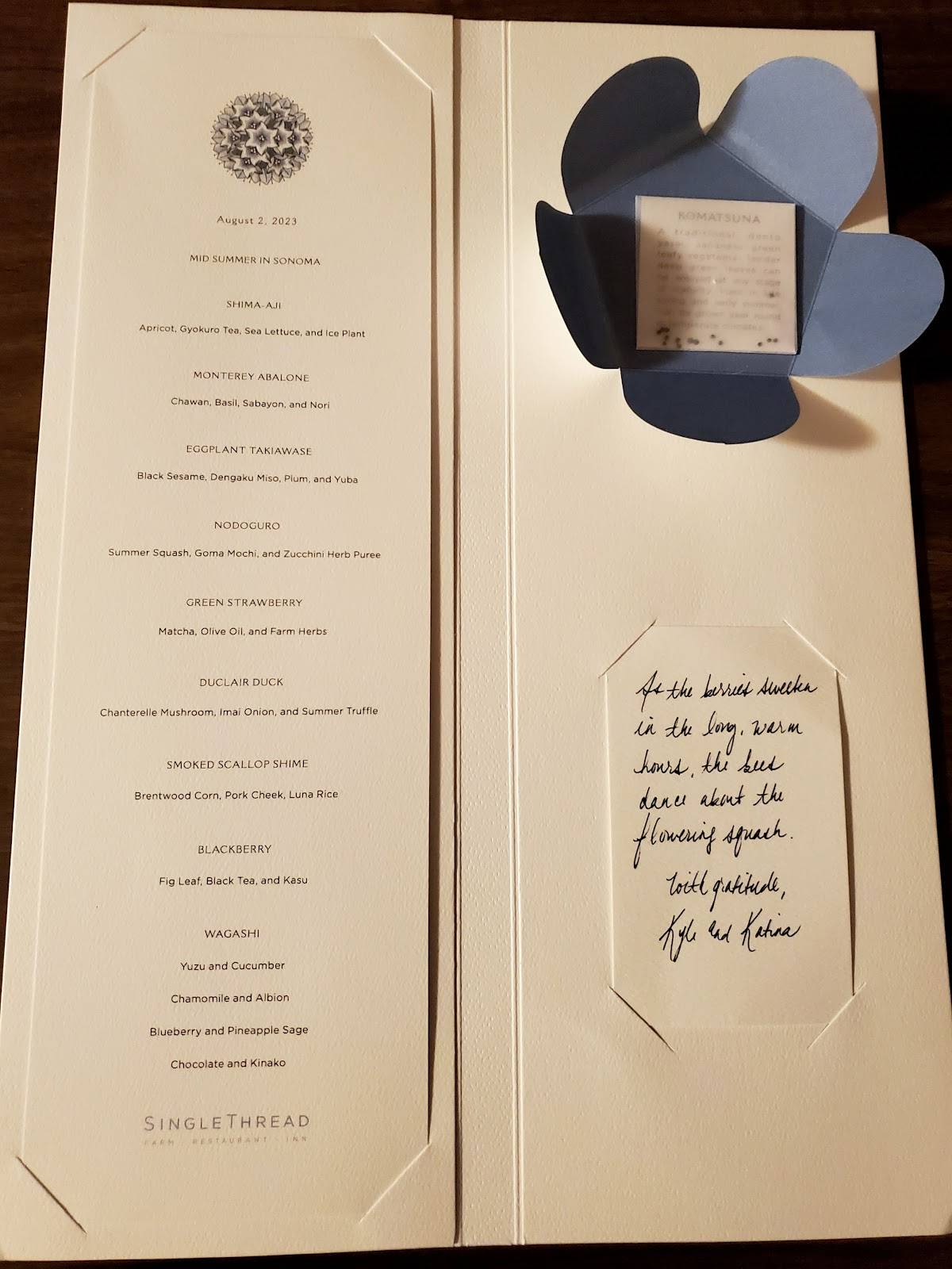 Menu at SingleThread Farm Restaurant Inn, Healdsburg