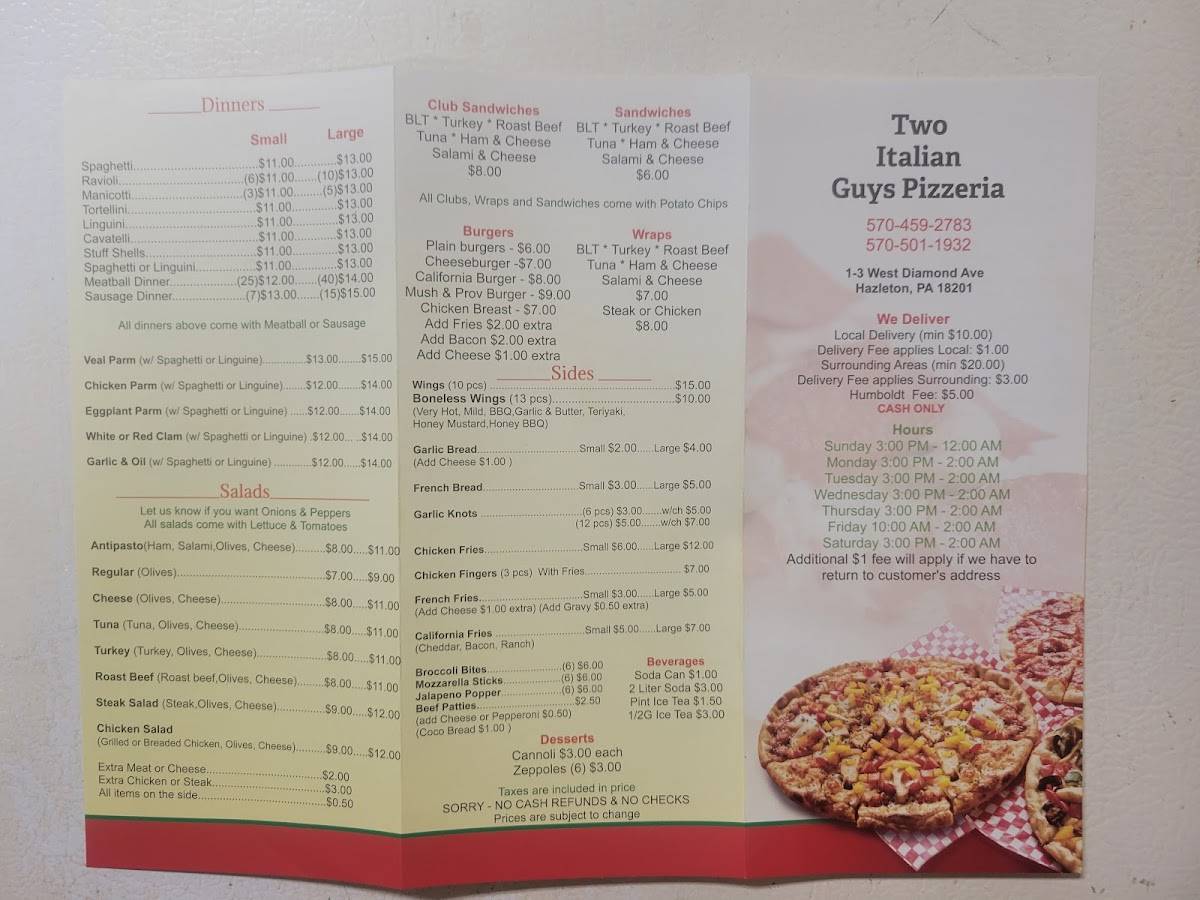 Menu at Two Italian Guys pizzeria, Hazleton
