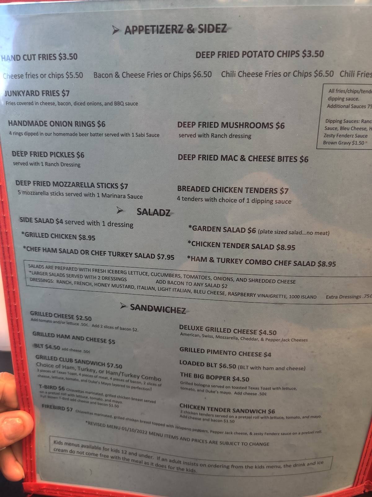 Menu at Fenderz Drive In restaurant, Collinsville