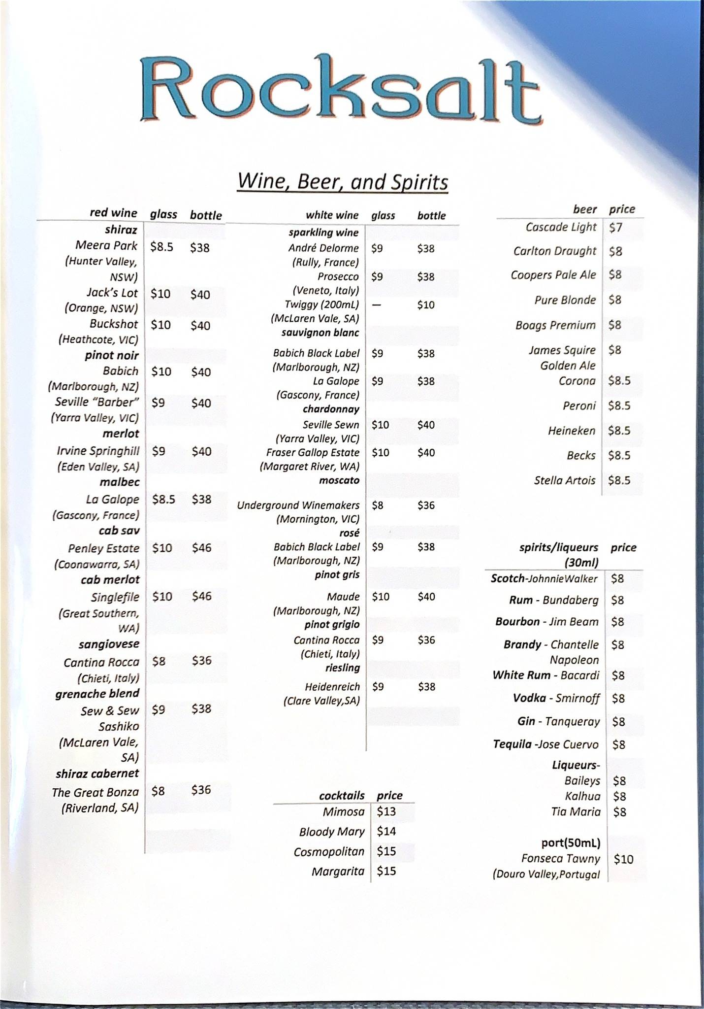 Menu at Rocksalt Restaurant, Hawker