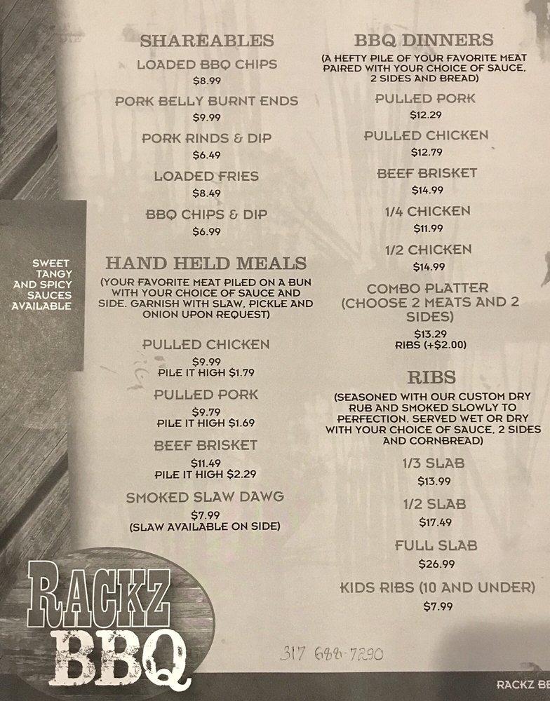 Menu at Rackz BBQ, Carmel