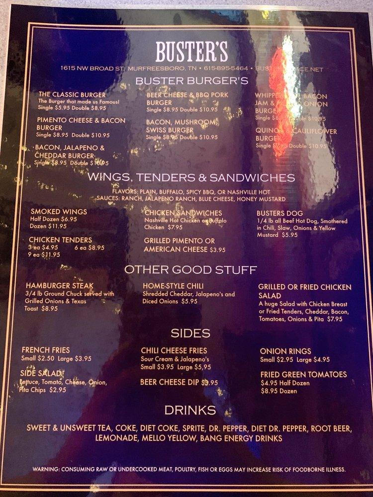 Menu at Buster's Place restaurant, Murfreesboro