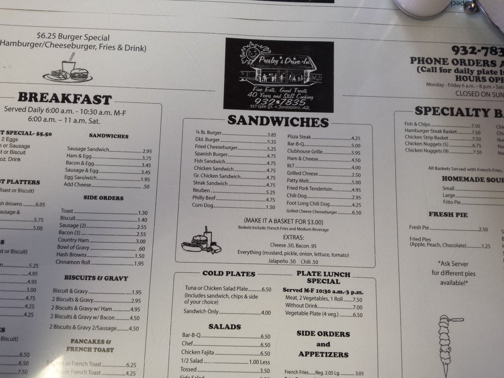 Menu at Presley's DriveIn restaurant, Jonesboro