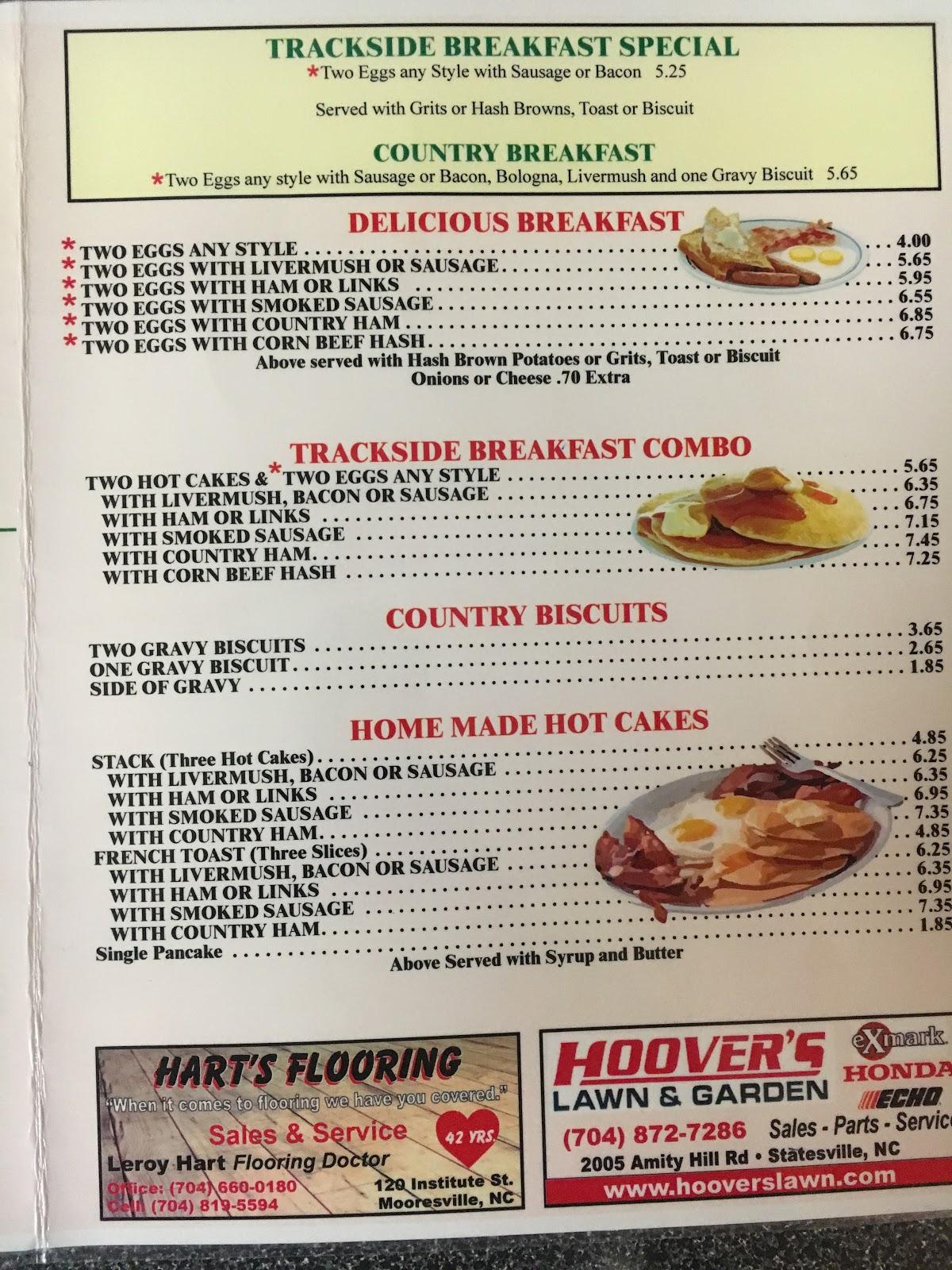 Menu at Trackside Restaurant, Mooresville