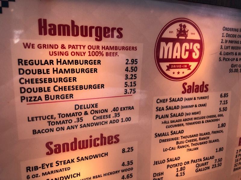 Menu at Mac's DriveIn restaurant, McCook