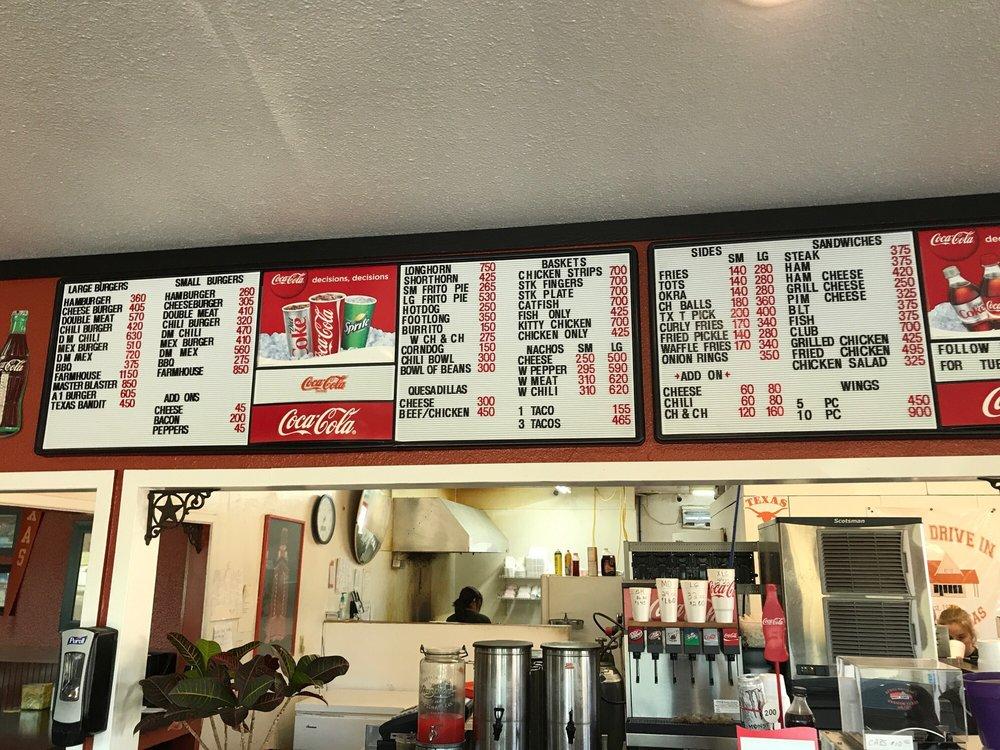 Menu at Bevos DriveIn fast food, Vernon