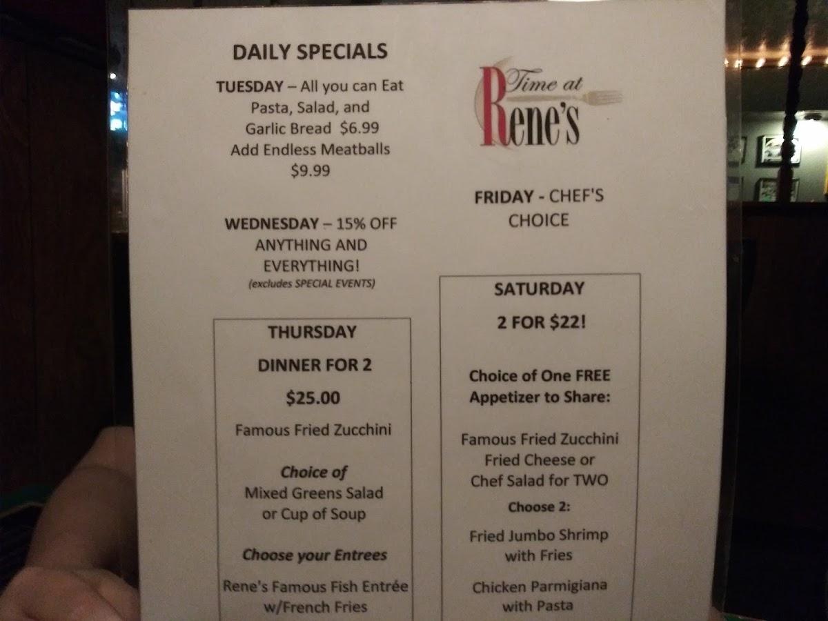 Menu at RTime at Rene's restaurant, East McKeesport