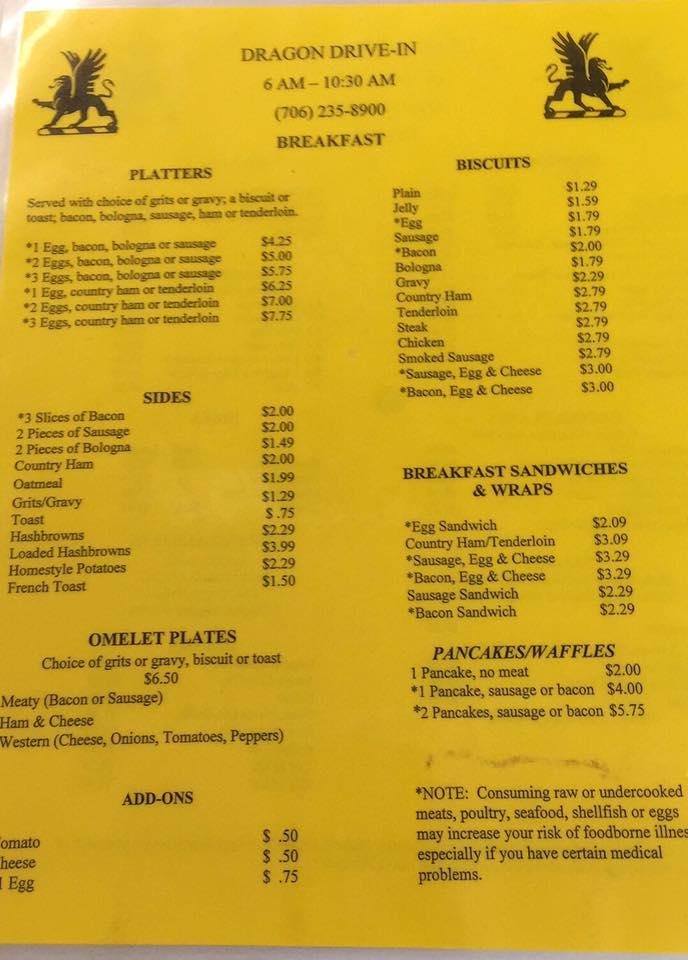 Menu at Dragon DriveIn restaurant, Lindale