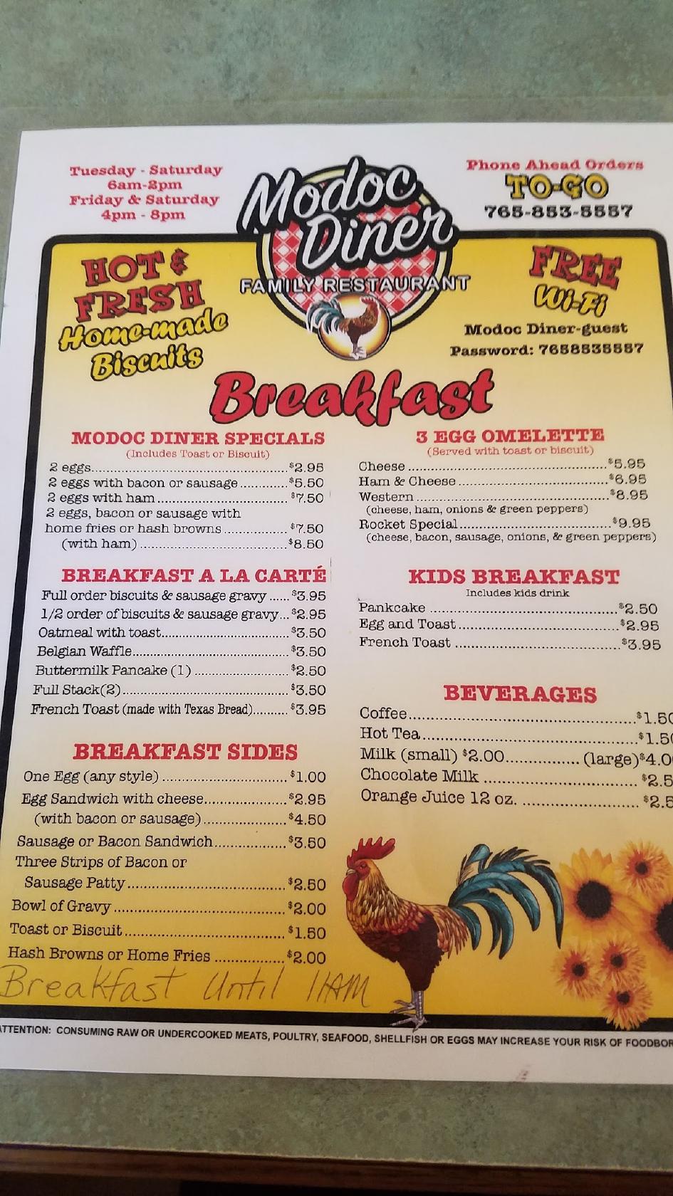 Menu at Modoc Diner BBQ, Modoc