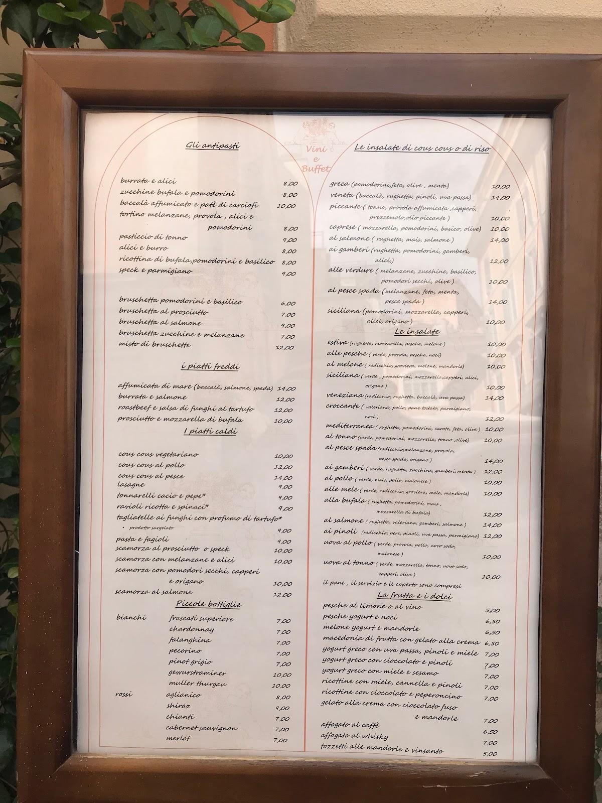 Menu at Vini e Buffet Enoteca e Ristorante, Rome
