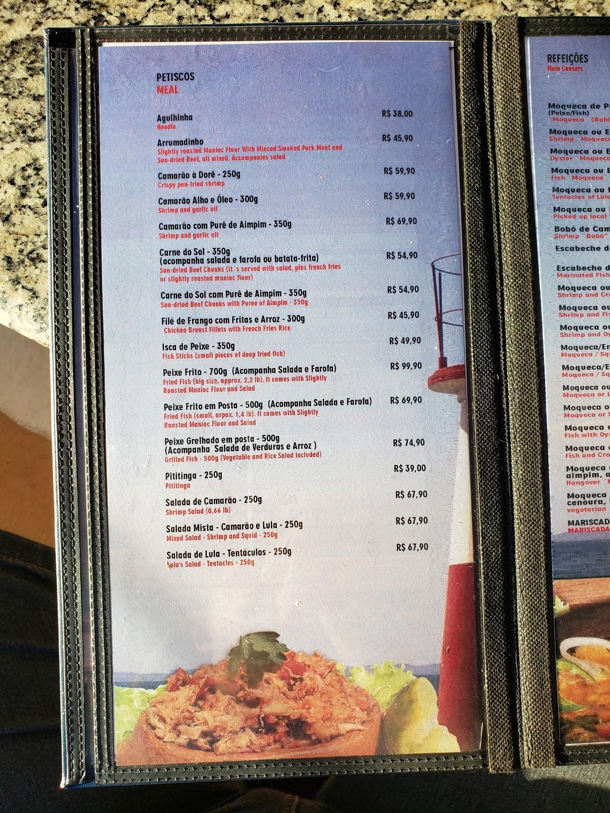 Menu at Lua Cheia restaurant, Salvador