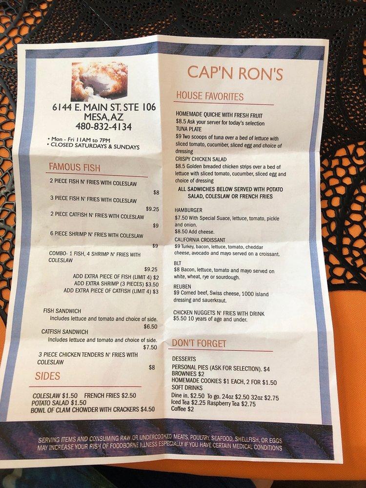 Menu at Cap'n Ron's Fish and Chips restaurant, Mesa