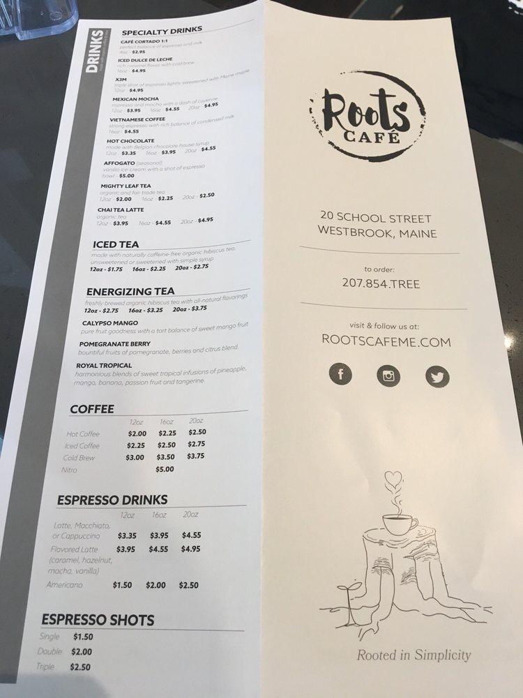 Menu at Roots Cafe, Westbrook