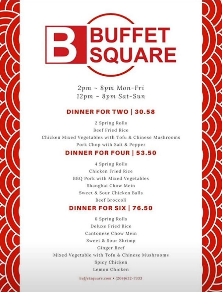 Menu at Buffet Square restaurant, Winnipeg