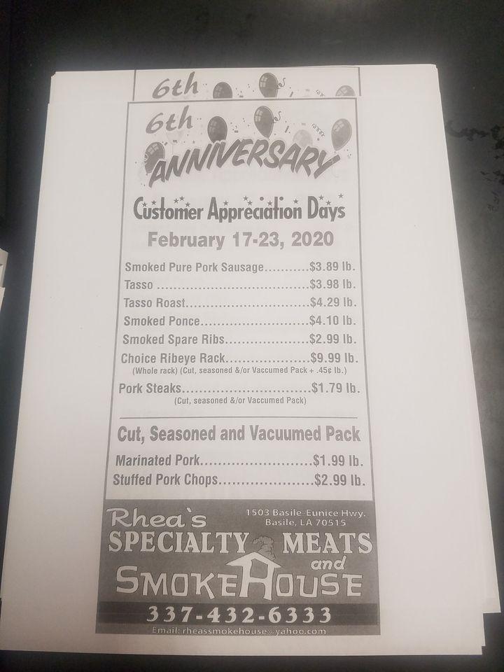 Menu at Rhea's Specialty Meat BBQ, Basile