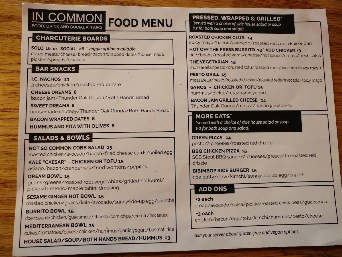Menu at In Common pub & bar, Thunder Bay