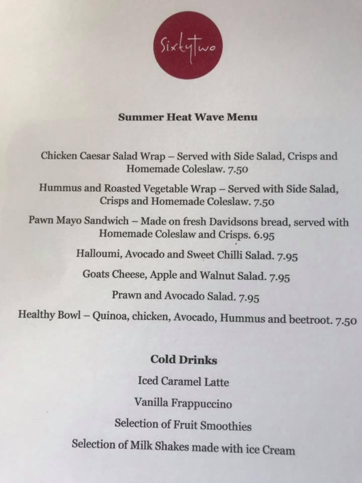 Menu at SixtyTwo cafe, Long Bennington