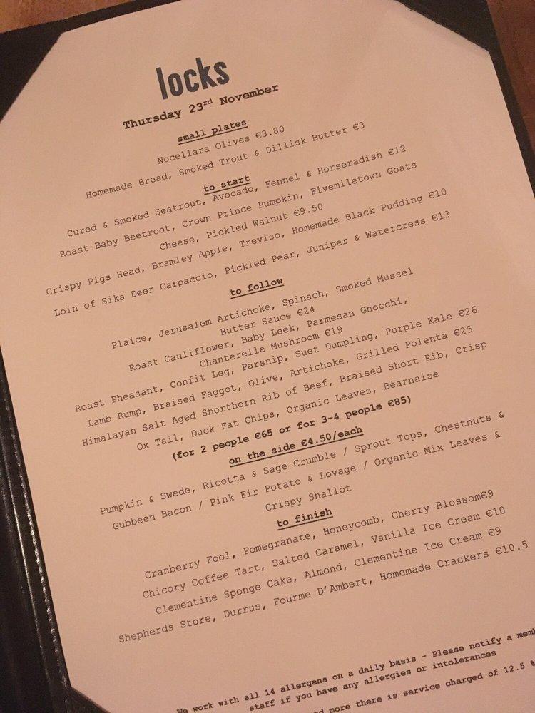 Menu at Locks restaurant, Dublin