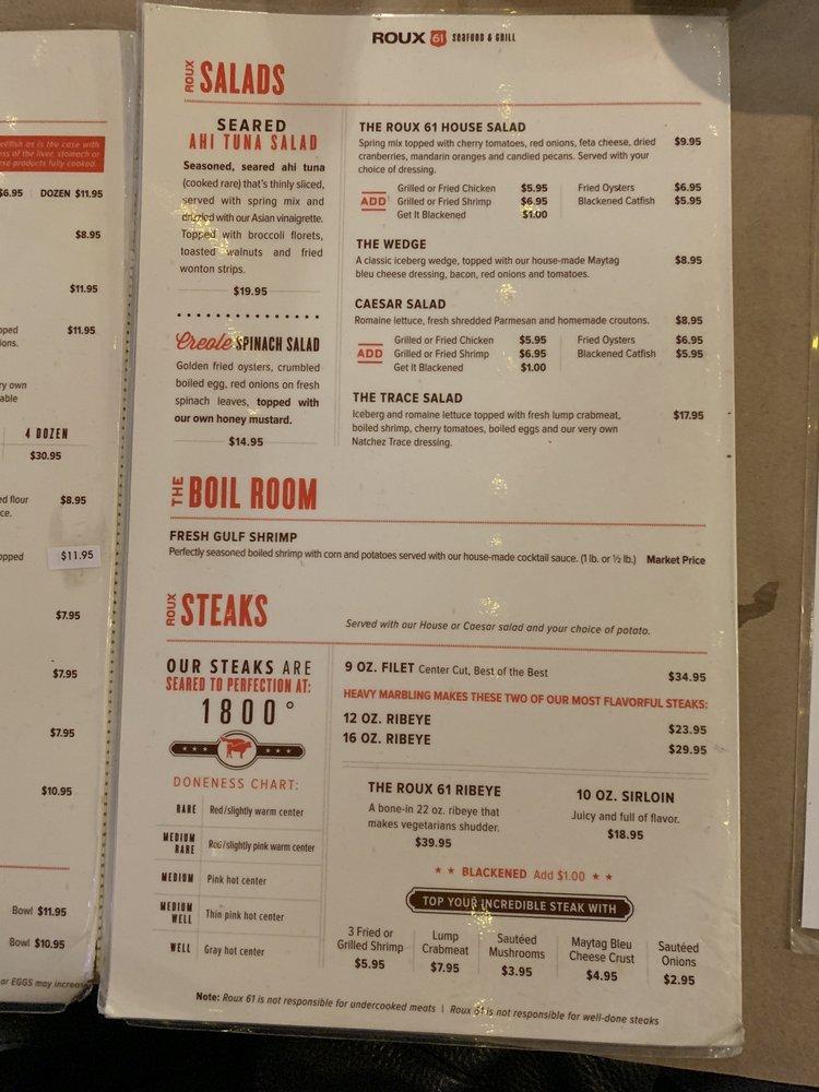 Menu at Roux 61 steakhouse, Natchez