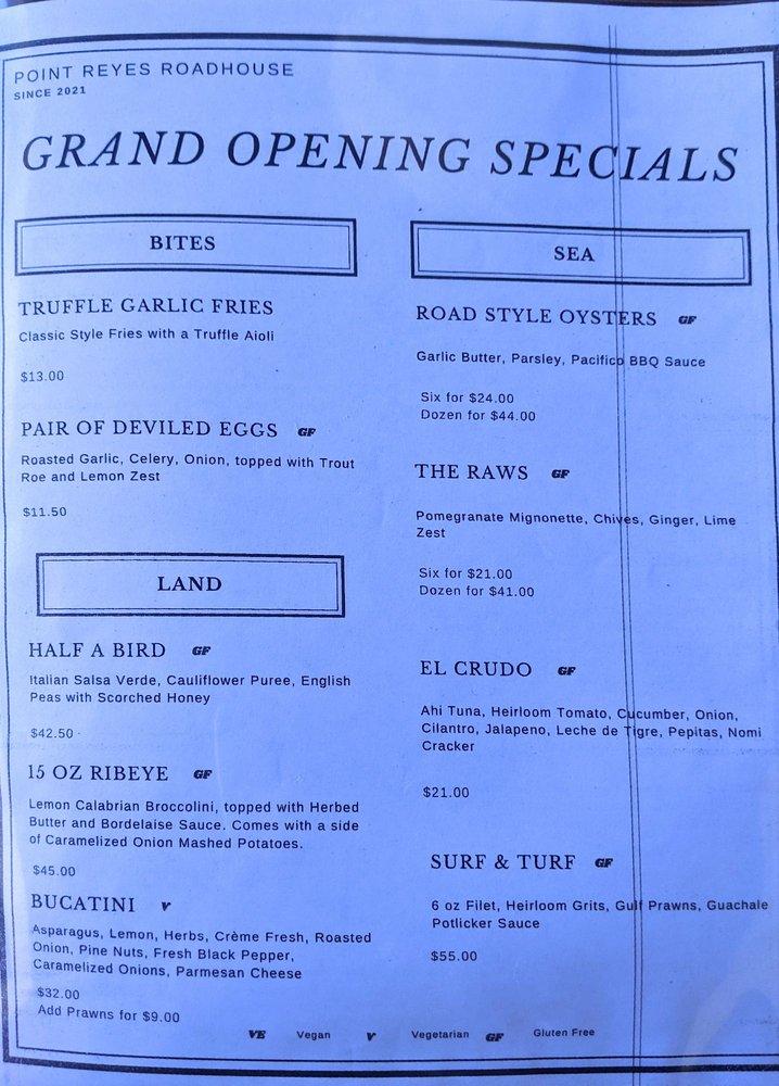 Menu at Point Reyes Roadhouse restaurant, Point Reyes Station