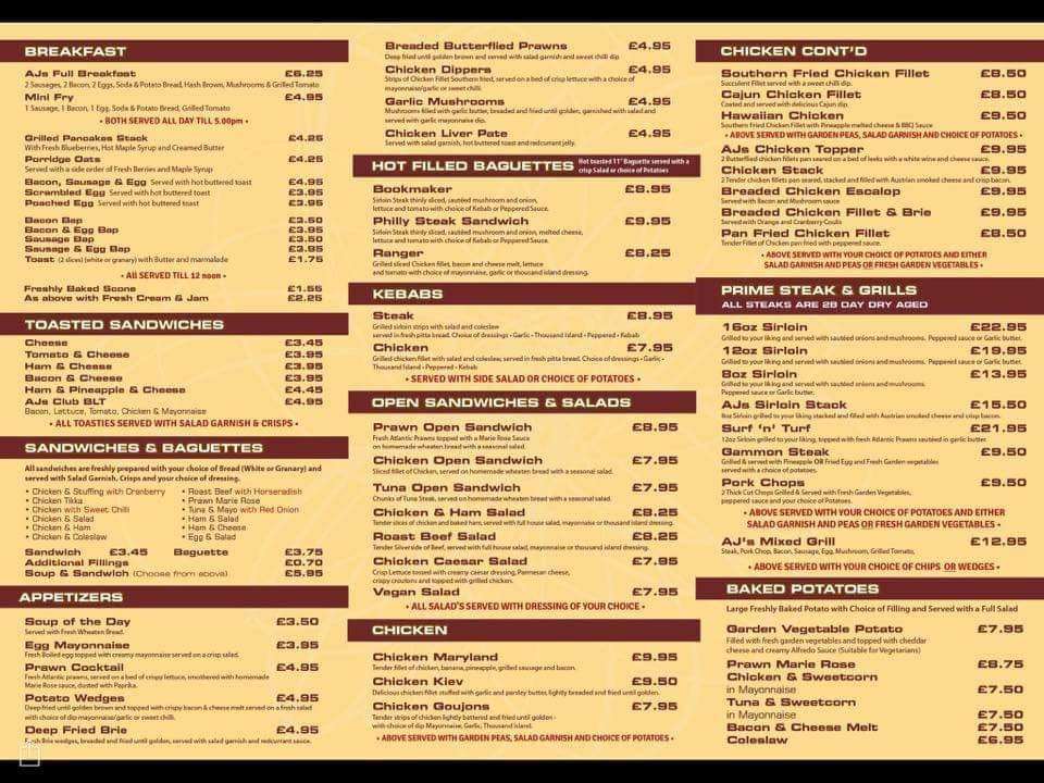 Menu at AJ's Diner restaurant, Crossgar