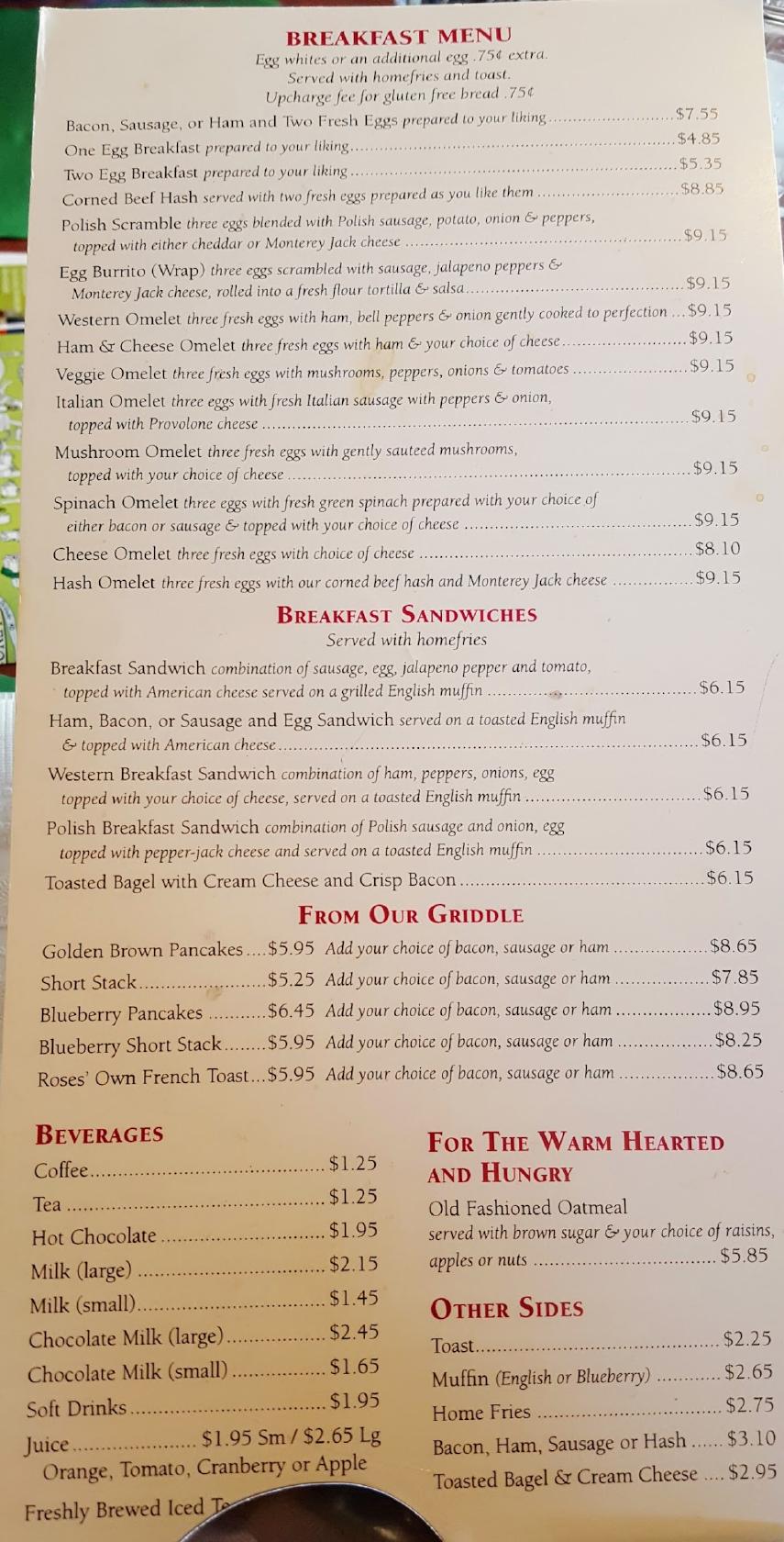 Menu at Roses Restaurant, Lee