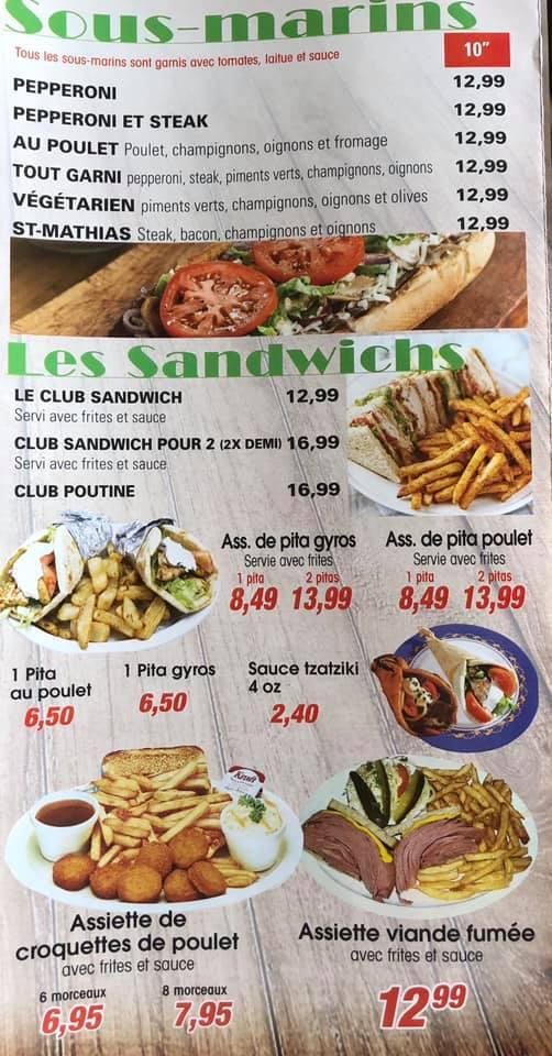 Menu au Saint Mathias Pizza restaurant, Canada