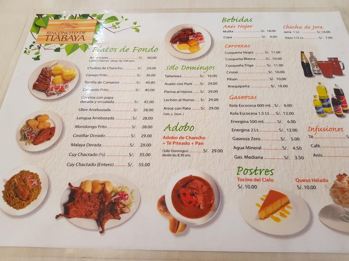 Carta del restaurante Rinconcito del Tiabaya, Surquillo