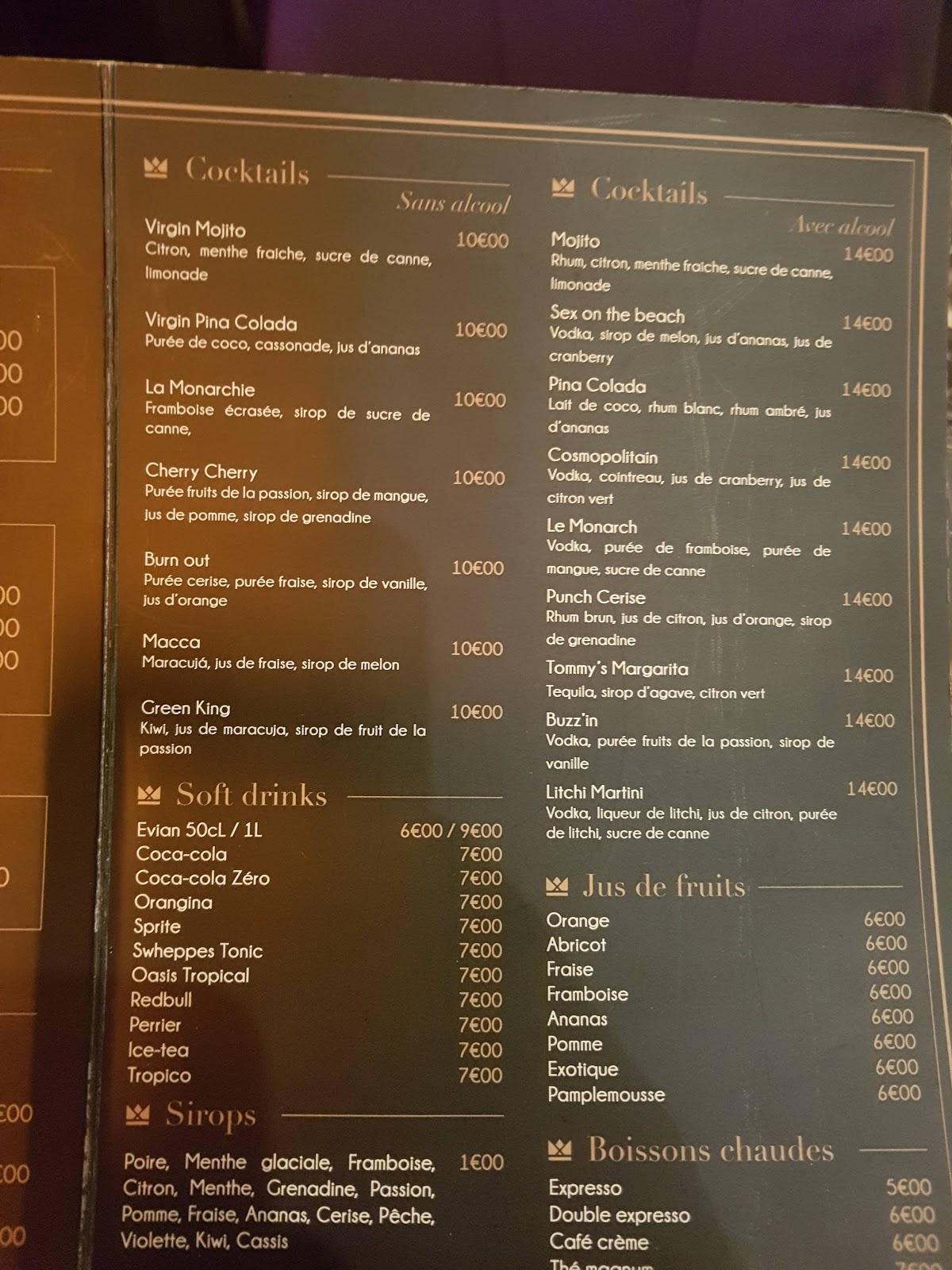 Menu at MONARCH restaurant, Colombes