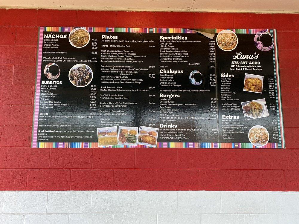 Menu at Lunas Drive Inn restaurant, Hobbs