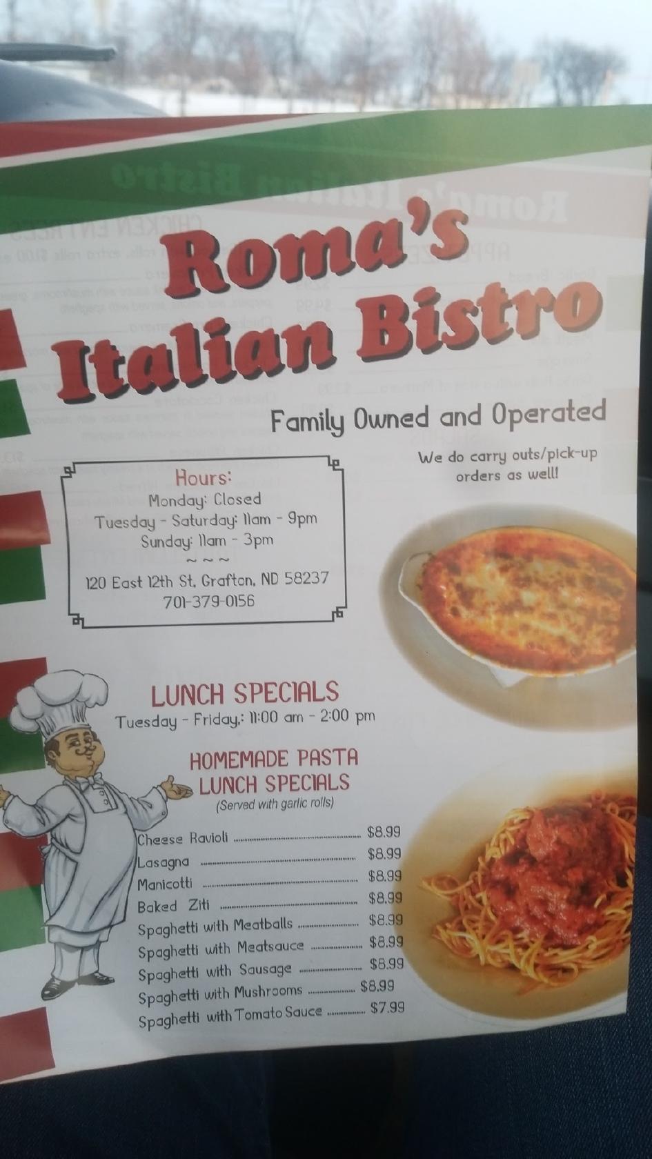 Menu at Romas Italian Bistro restaurant, Grafton