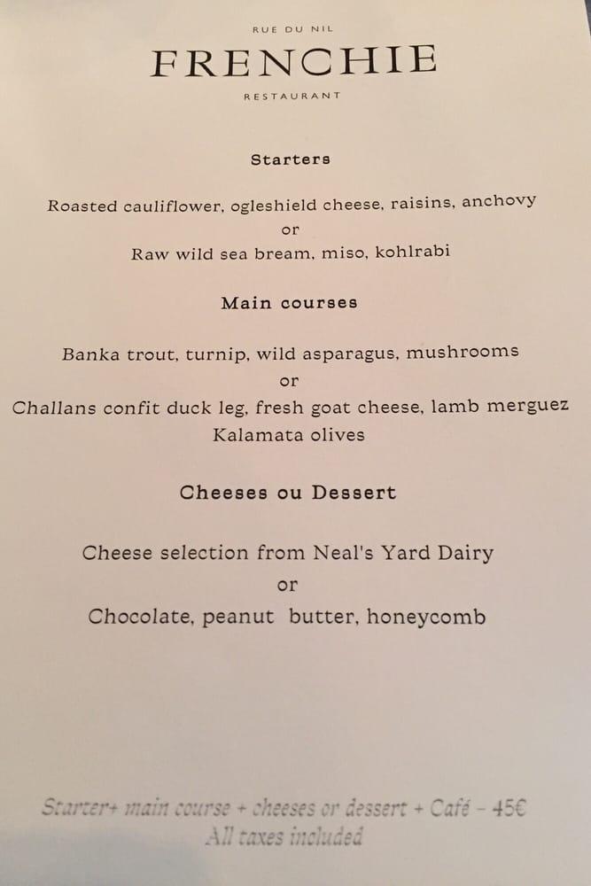 Menu at Frenchie restaurant, Paris, 5 Rue du Nil