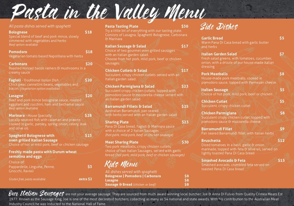 Menu at Pasta in the Valley restaurant, Caversham