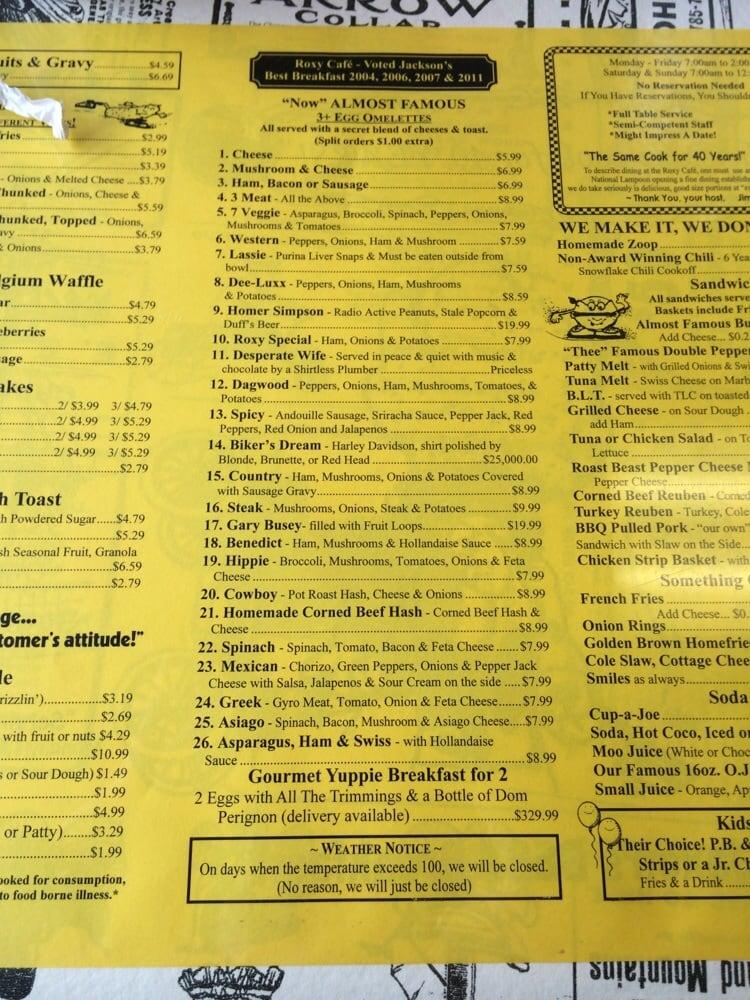 Menu at Roxy Cafe, Jackson