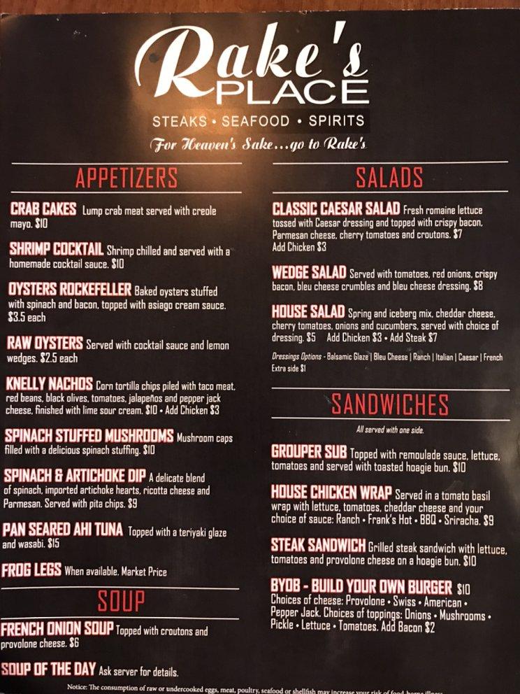 Menu at Rake's Place steakhouse, Zanesville